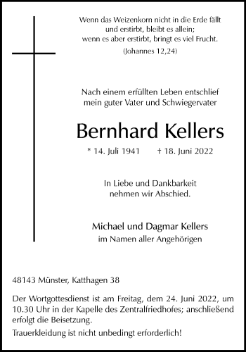 Anzeige von Bernhard Kellers 