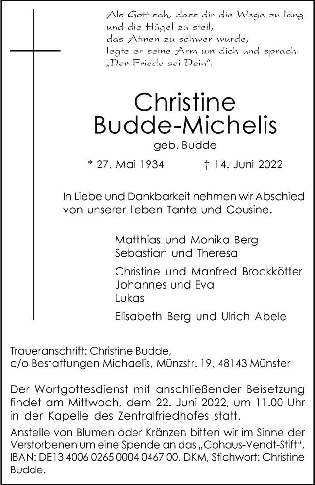  Traueranzeige für Christine Budde-Michelis vom 18.06.2022 aus 