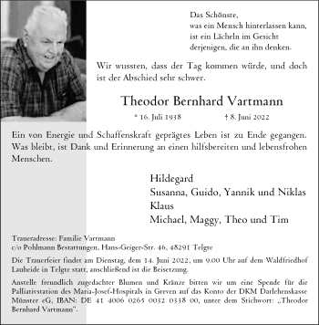 Anzeige von Theodor Bernhard Vartmann 