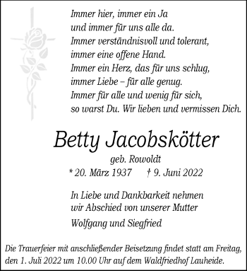 Anzeige von Betty Jacobskötter 