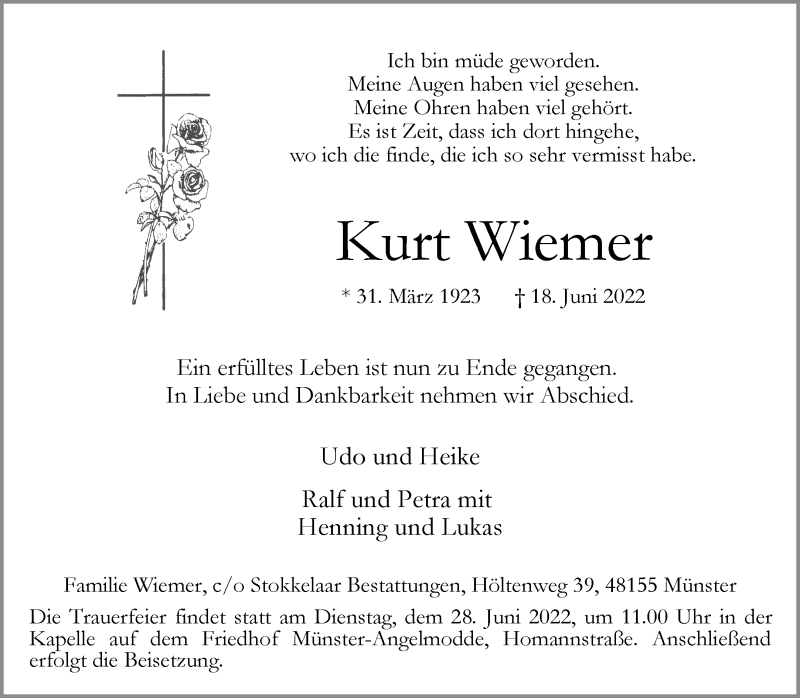  Traueranzeige für Kurt Wiemer vom 22.06.2022 aus 