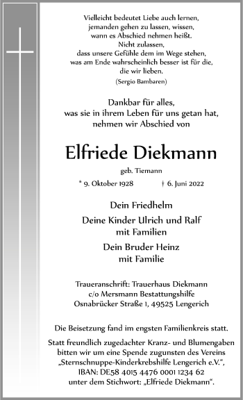 Anzeige von Elfriede Diekmann 