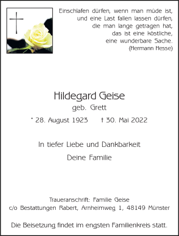 Anzeige von Hildegard Geise 