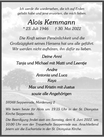 Anzeige von Alois Kemmann 