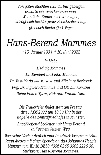 Anzeige von Hans-Berend Mammes 