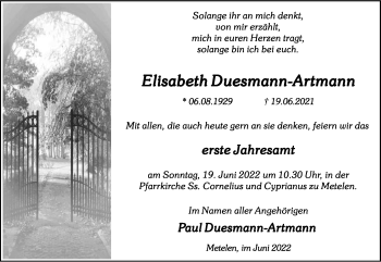Anzeige von Elisabeth Duesmann-Artmann 