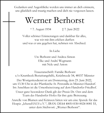 Anzeige von Werner Berhorst 