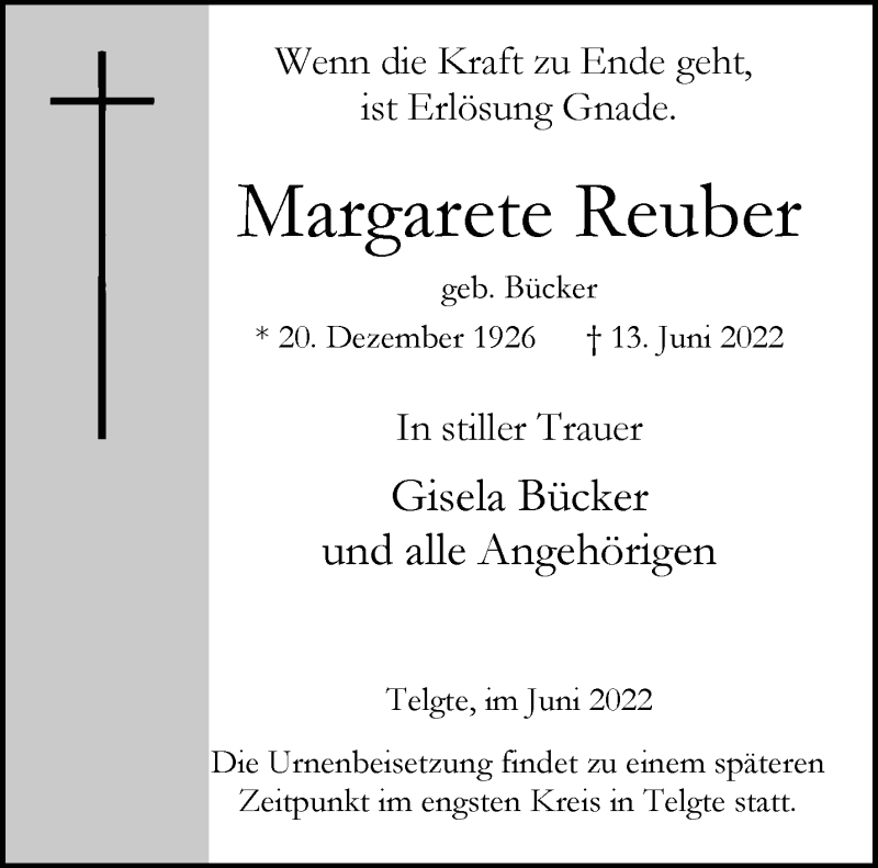  Traueranzeige für Margarete Reuber vom 18.06.2022 aus 