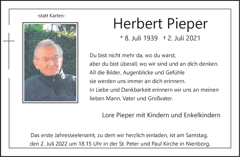  Traueranzeige für Herbert Pieper vom 25.06.2022 aus 