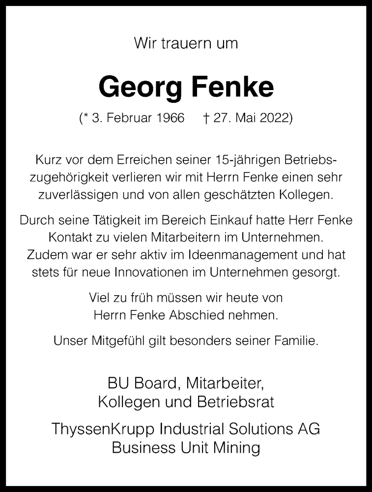  Traueranzeige für Georg Fenke vom 11.06.2022 aus 