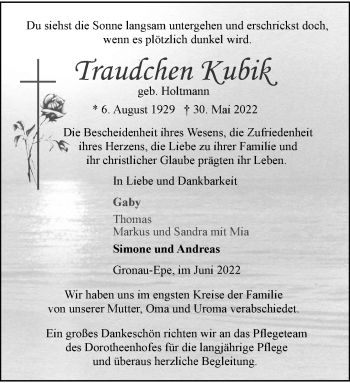Anzeige von Traudchen Kubik 