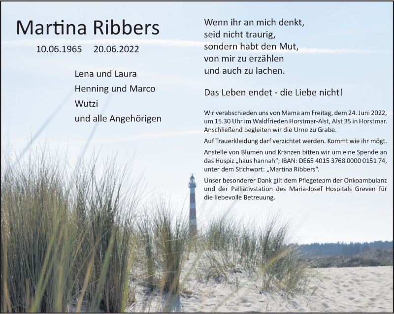  Traueranzeige für Martina Ribbers vom 22.06.2022 aus 