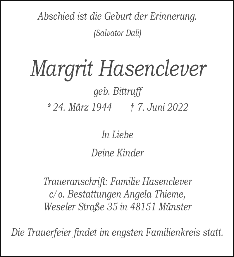  Traueranzeige für Margrit Hasenclever vom 11.06.2022 aus 