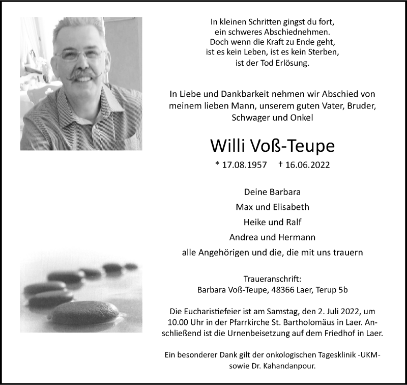  Traueranzeige für Willi Voß-Teupe vom 22.06.2022 aus 