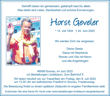 Anzeige von Horst Geveler 