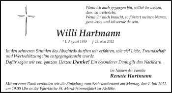 Anzeige von Willi Hartmann 