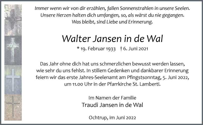  Traueranzeige für Walter Jansen in de Wal vom 01.06.2022 aus 