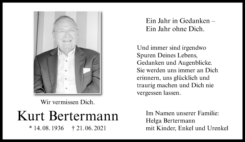  Traueranzeige für Kurt Bertermann vom 21.06.2022 aus 