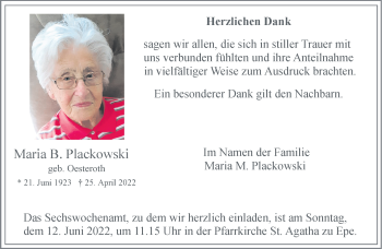 Anzeige von Maria B. Plackowski 