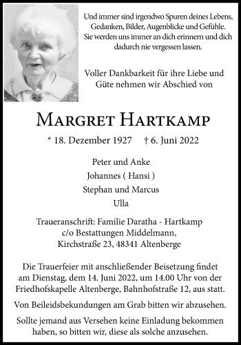 Anzeige von Margaret Hartkamp 