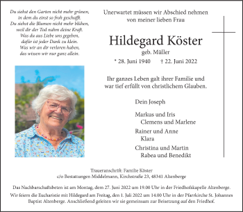 Anzeige von Hildegard Köster 