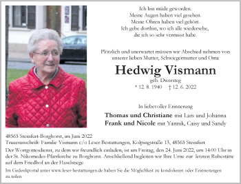Anzeige von Hedwig Vismann 
