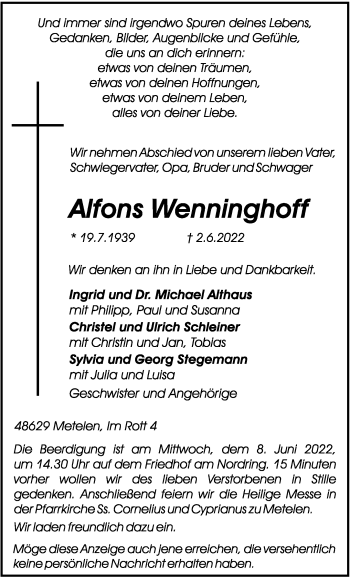 Anzeige von Alfons Wenninghoff 