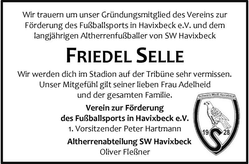  Traueranzeige für Friedel Selle vom 31.03.2022 aus 