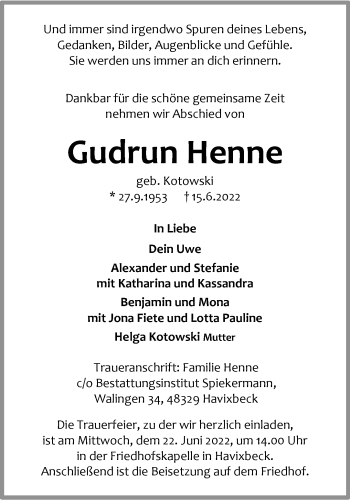 Anzeige von Gudrun Henne 