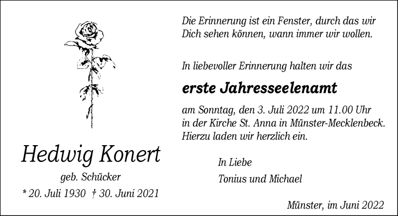  Traueranzeige für Hedwig Konert vom 25.06.2022 aus 