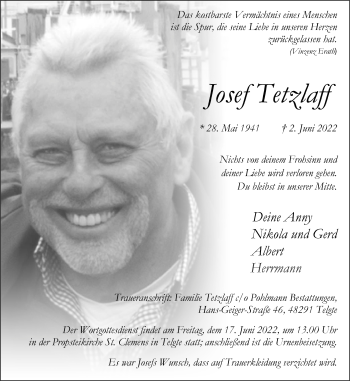 Anzeige von Josef Tetzlaff 