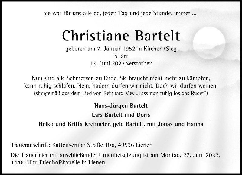  Traueranzeige für Christiane Bartelt vom 25.06.2022 aus 