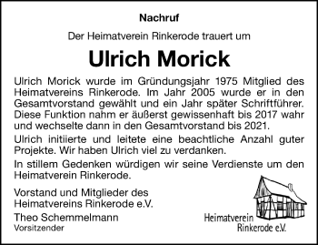Anzeige von Ulrich Morick 