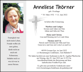 Anzeige von Anneliese Thörner 