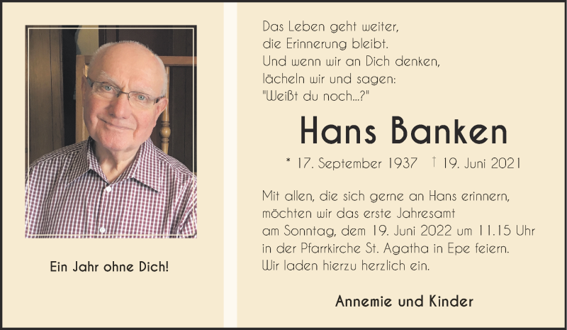  Traueranzeige für Hans Banken vom 11.06.2022 aus 