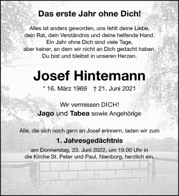 Anzeige von Josef Hintemann 