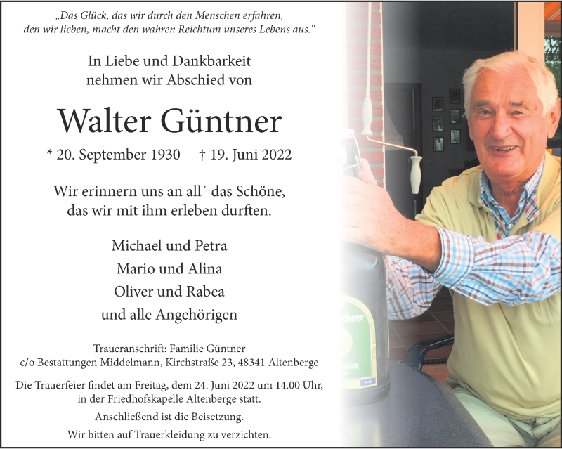  Traueranzeige für Walter Güntner vom 22.06.2022 aus 