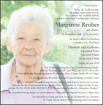 Anzeige von Margarete Reuber 