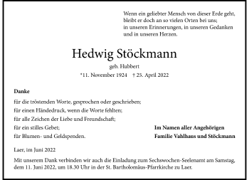 Anzeige von Hedwig und Erich Stöckmann 