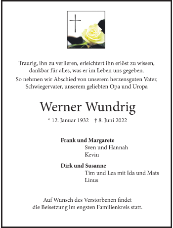 Anzeige von Werner Wundrig 
