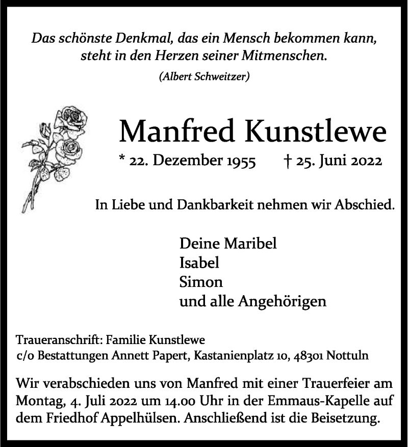  Traueranzeige für Manfred Kunstlewe vom 30.06.2022 aus 