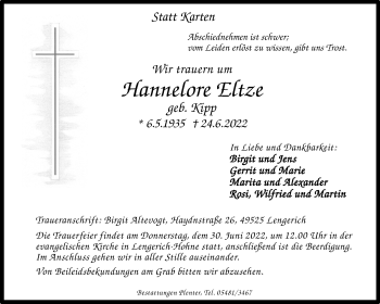 Anzeige von Hannelore Eltze 