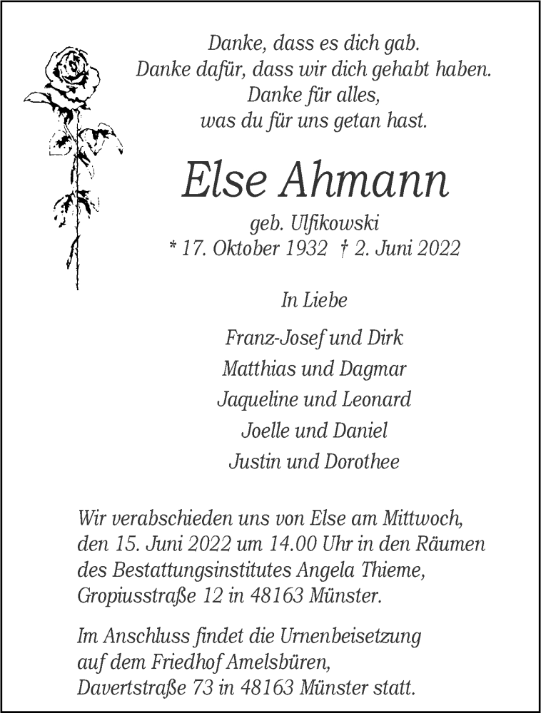  Traueranzeige für Else Ahmann vom 11.06.2022 aus 