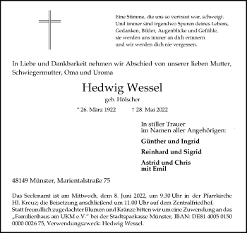 Anzeige von Hedwig Wessel 