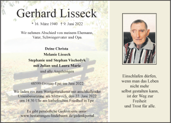 Anzeige von Gerhard Lisseck 