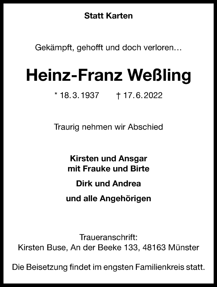  Traueranzeige für Heinz-Franz Weßling vom 25.06.2022 aus 