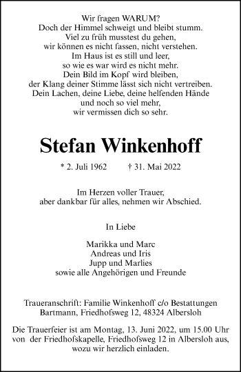 Anzeige von Stefan Winkenhoff 