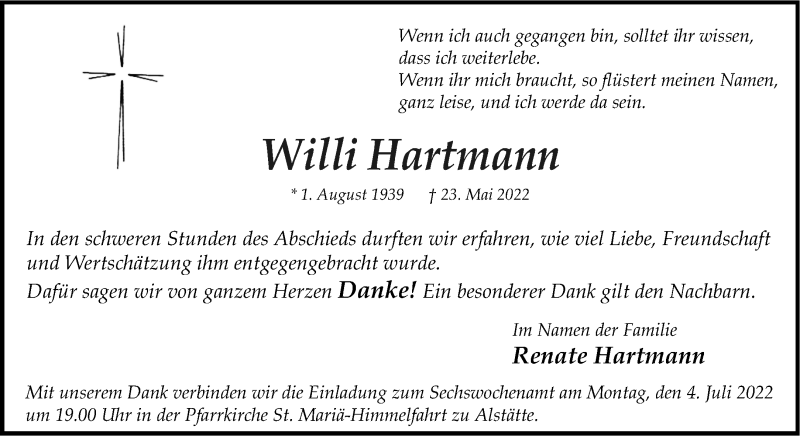  Traueranzeige für Willi Hartmann vom 30.06.2022 aus 