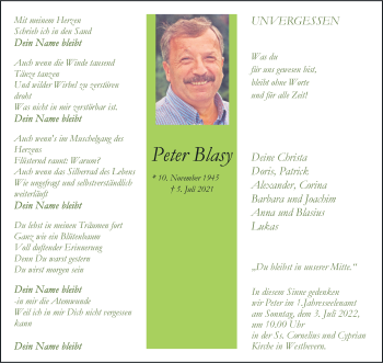 Anzeige von Peter Blasy 