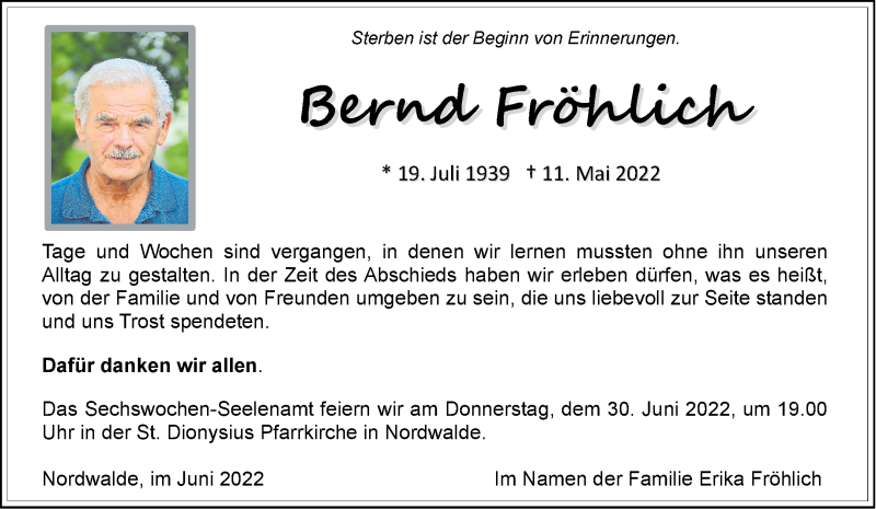  Traueranzeige für Bernd Fröhlich vom 25.06.2022 aus 